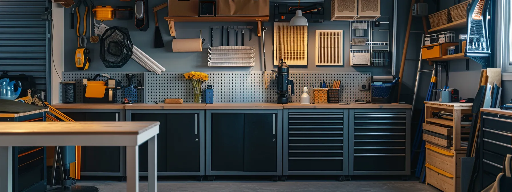 a brightly lit, modern home maintenance workshop displays a tidy workspace featuring an open air filter alongside cleaning tools like brushes and vacuum attachments, emphasizing the importance of diy air filter maintenance for enhanced indoor air quality.