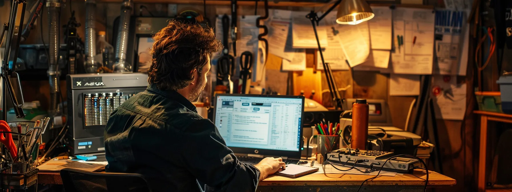 a chaotic home office scene features a frustrated homeowner analyzing a stack of escalating water bills on a cluttered desk, with plumbing tools and a laptop open to a plumbing troubleshooting website, under dramatic overhead lighting that emphasizes the urgency of addressing hidden leaks and rising costs.