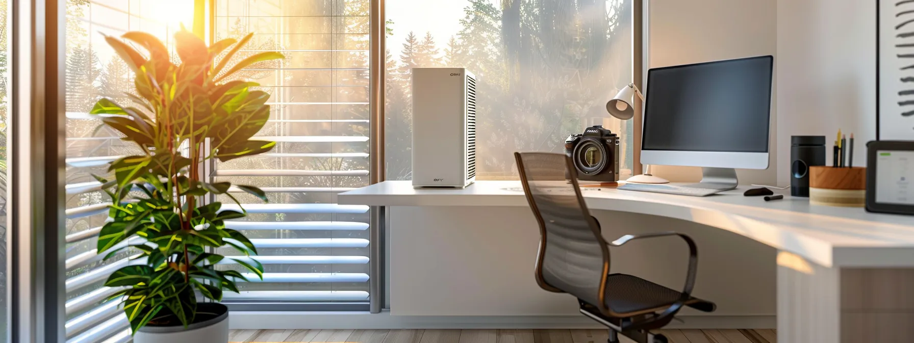 a clean, modern home office with a prominently displayed air purifier and a close-up view of a freshly replaced air filter, illustrating the essential role of filter maintenance in ensuring indoor air quality and energy efficiency.