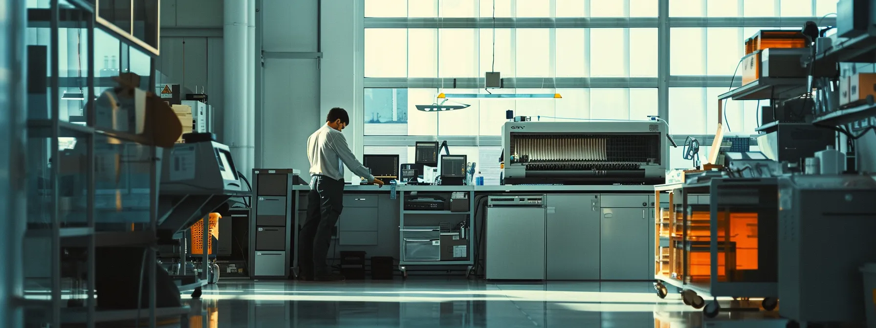 a clean, modern office space showcases a technician methodically inspecting and replacing hvac air filters, surrounded by advanced maintenance tools and equipment, emphasizing professionalism and efficiency in indoor air quality management.