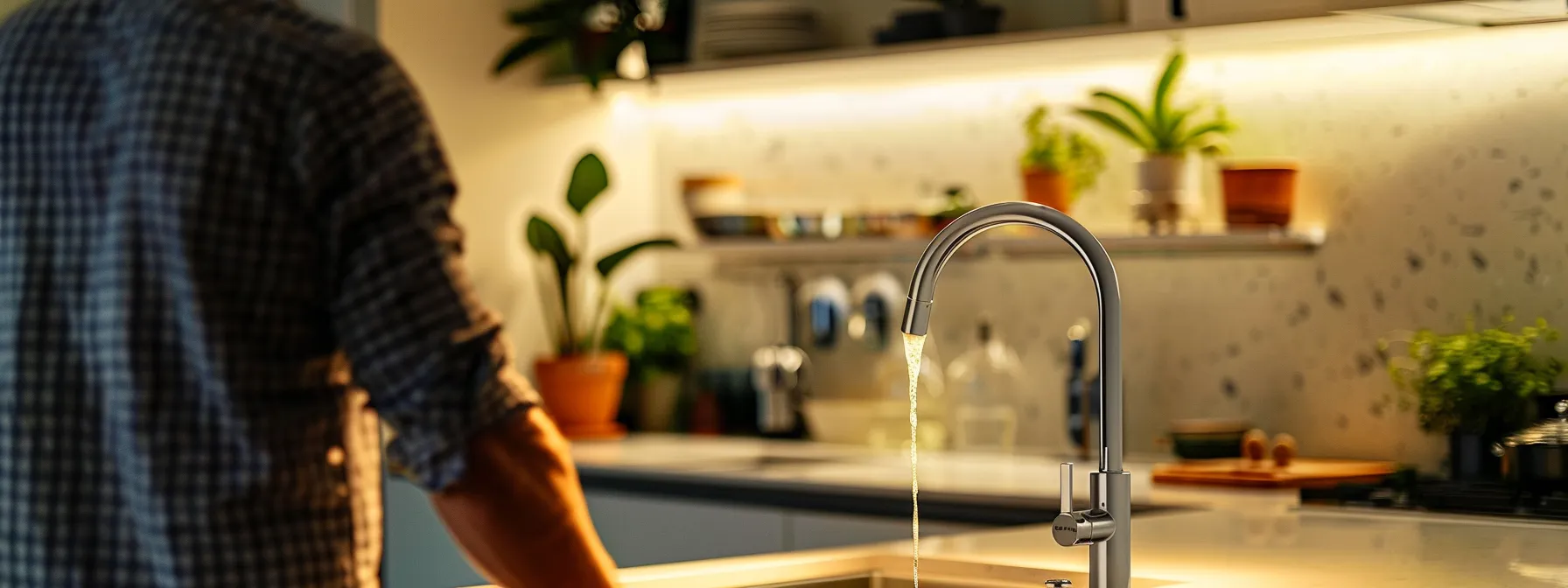 a close-up view of a modern, well-lit kitchen with a concerned homeowner examining a gleaming faucet while a pressure gauge mounted on the wall displays fluctuating water pressure levels, reflecting urgency and the importance of plumbing maintenance.