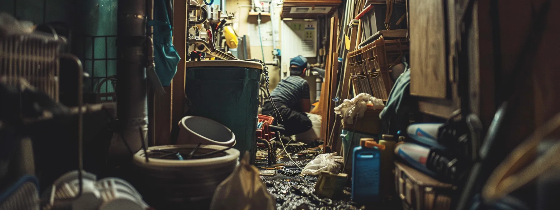 a cluttered, dimly-lit basement filled with plumbing tools and a partially disassembled drainpipe, visually emphasizing the urgency of resolving frequent clogs and backups in drainage systems.