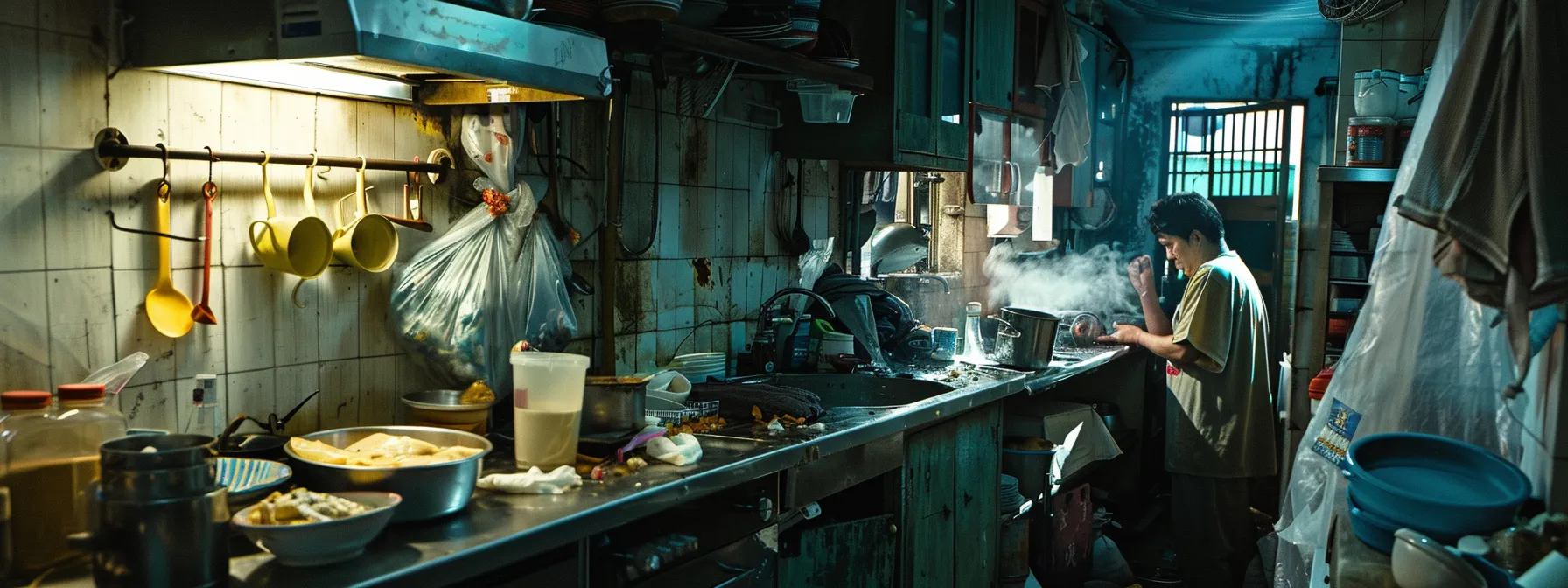 a crowded urban kitchen with visibly damaged plumbing, featuring a leaking sink and a concerned homeowner wrinkling their nose in response to a visible cloud of foul odor, illuminated by stark overhead fluorescent lighting.