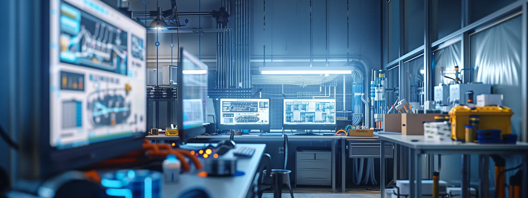a high-tech plumbing installation scene showcases a sleek, modern commercial environment, with advanced tools in action, stainless steel components organized meticulously, and digital blueprints displayed on screens, emphasizing precision and efficiency in managing plumbing systems.