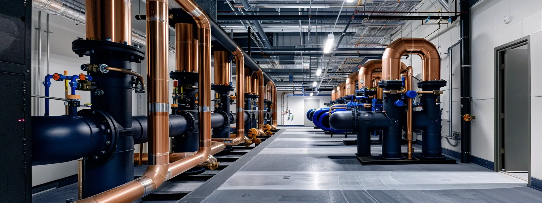 a modern commercial plumbing installation in a sleek office setting showcases high-quality materials and advanced piping systems, illuminated by industrial lighting that highlights the precision of the layout and craftsmanship.