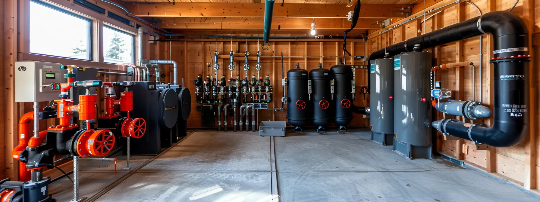 a modern commercial plumbing installation site showcases sleek, efficient piping systems meticulously arranged in a well-lit urban facility, emphasizing adherence to safety codes and innovative energy-efficient solutions.