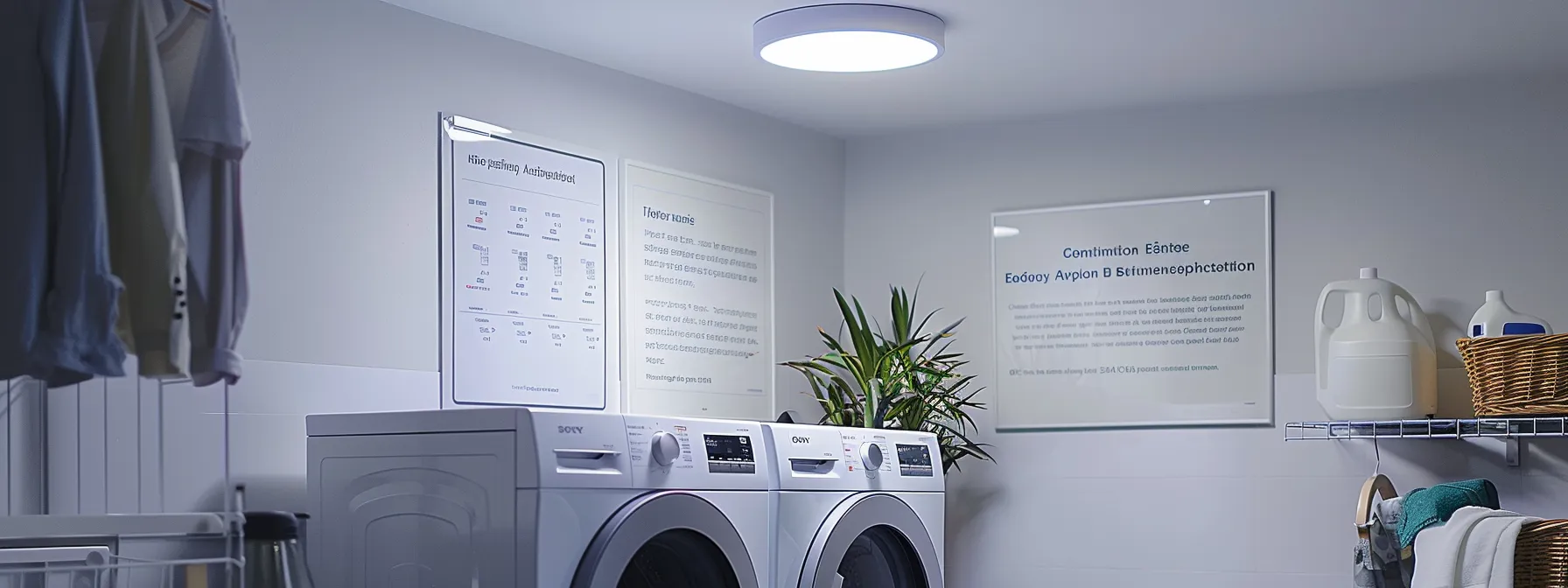 a modern home laundry room featuring a sleek, high-efficiency dryer with an informative chart on the wall outlining recommended dryer vent cleaning schedules, illuminated by bright overhead lighting that emphasizes the cleanliness and safety of the space.