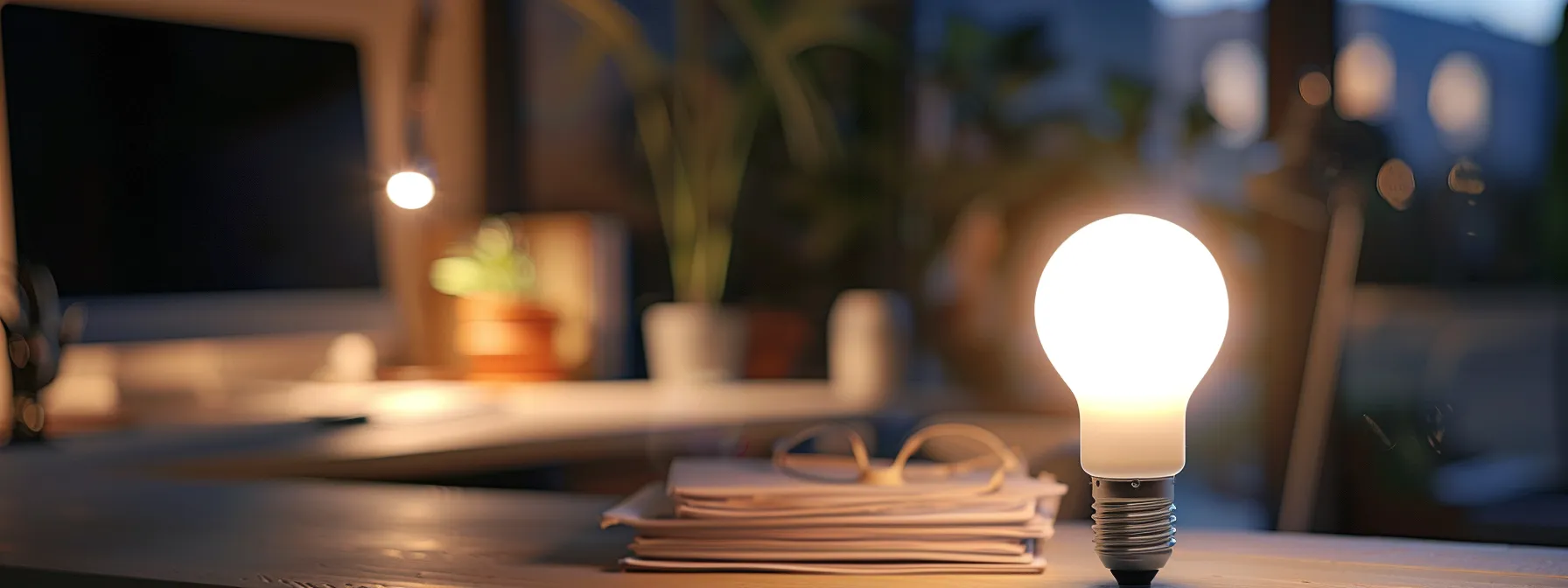a modern office setting features a sleek desk with an energy-efficient led bulb prominently displayed next to a stack of old, discarded bulbs, highlighting the importance of proper light bulb replacement and its impact on energy efficiency and sustainability.