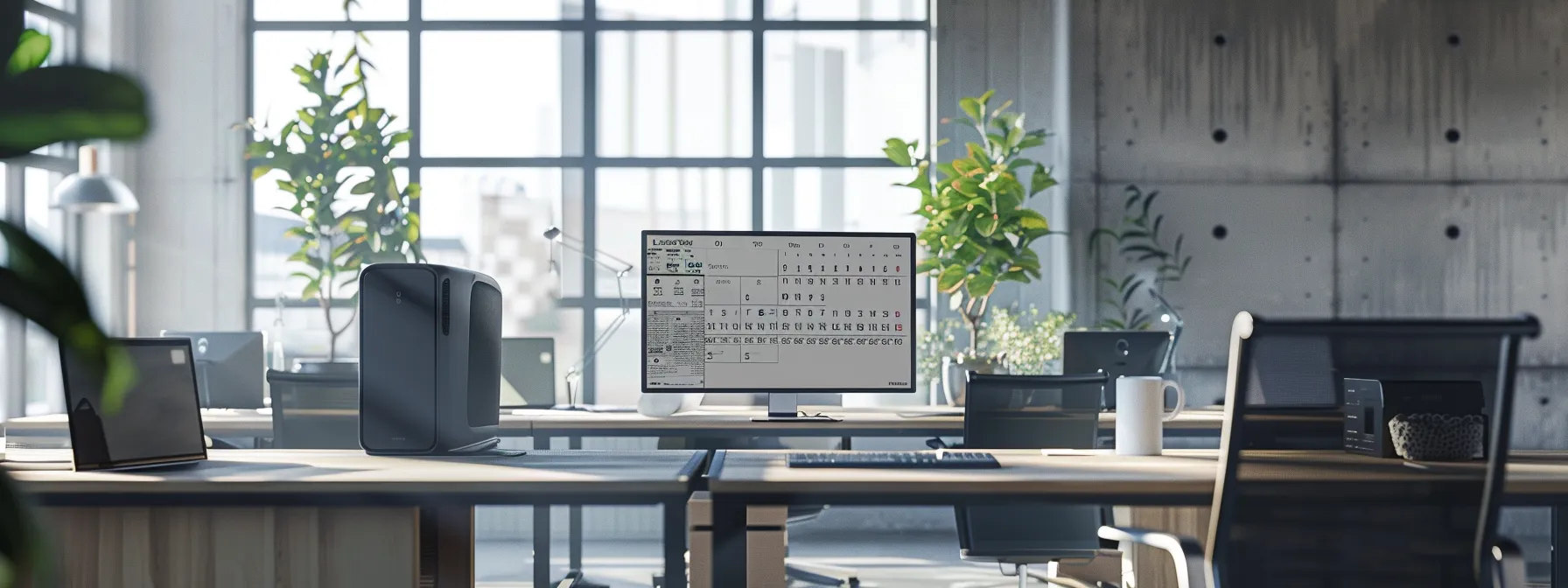 a modern office workspace features a sleek digital calendar displaying reminders for air filter maintenance, accompanied by an efficient air purifier, symbolizing enhanced productivity and air quality management.