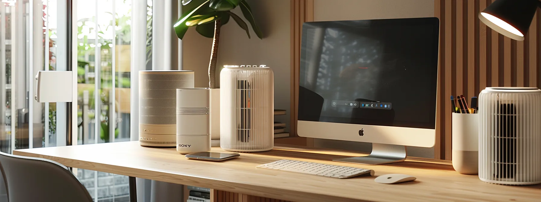 a modern, well-lit home office features a sleek arrangement of various air filters—hepa, fiberglass, and electrostatic—displayed on a stylish desk, emphasizing their importance in maintaining indoor air quality and supporting respiratory health.