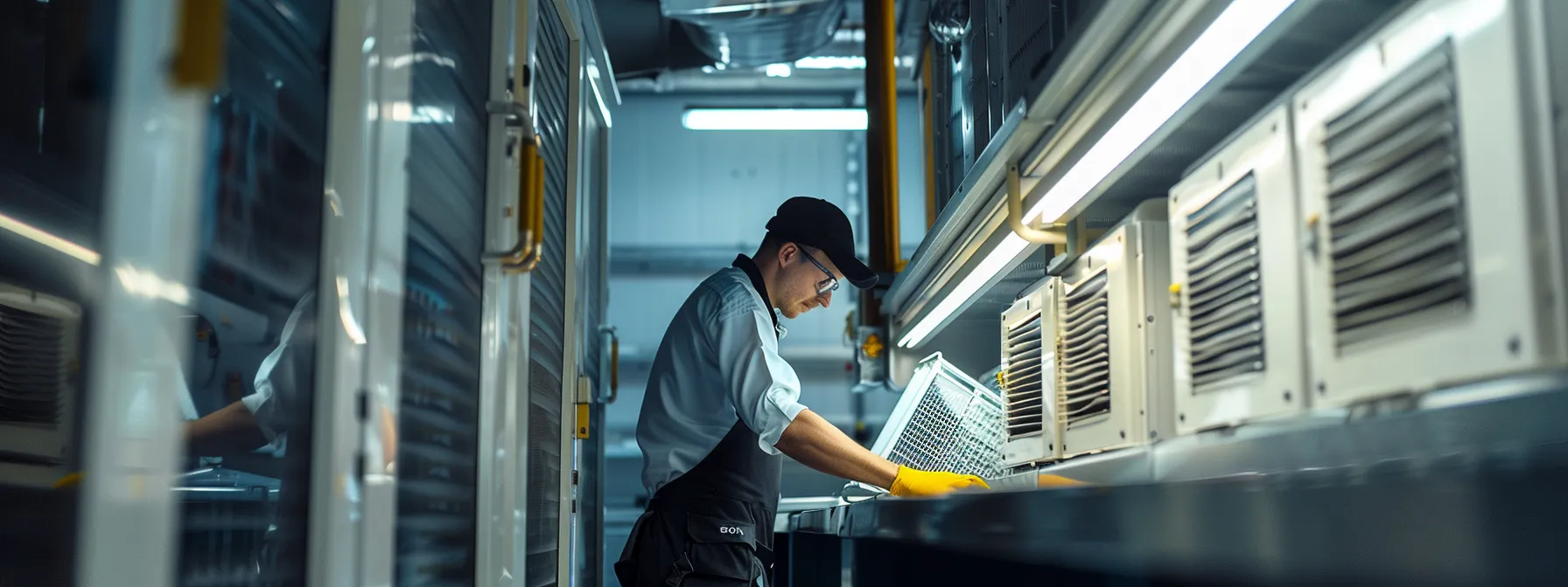 a sleek, modern hvac workspace showcases a technician meticulously inspecting and replacing air filters, highlighting the importance of proper air filter care for efficiency and health in a well-lit, organized indoor environment.