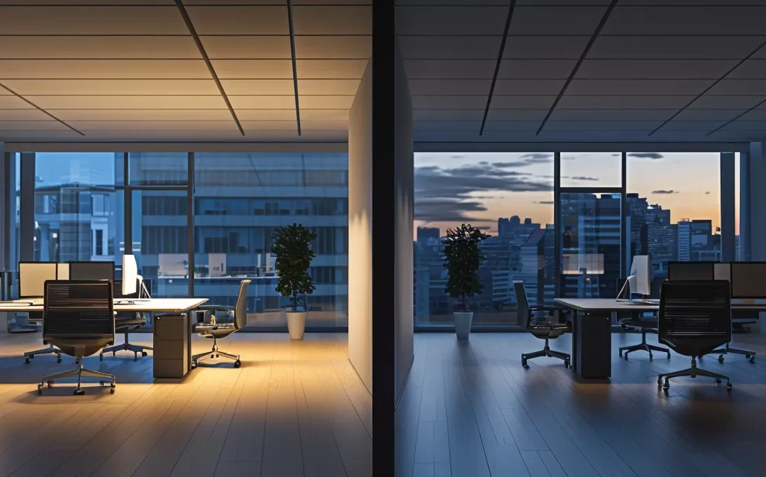 a sleek, modern office illuminated by bright, energy-efficient led bulbs casts a sharp contrast against dark, aged light fixtures, emphasizing the importance of proper bulb replacement for productivity and ambiance.