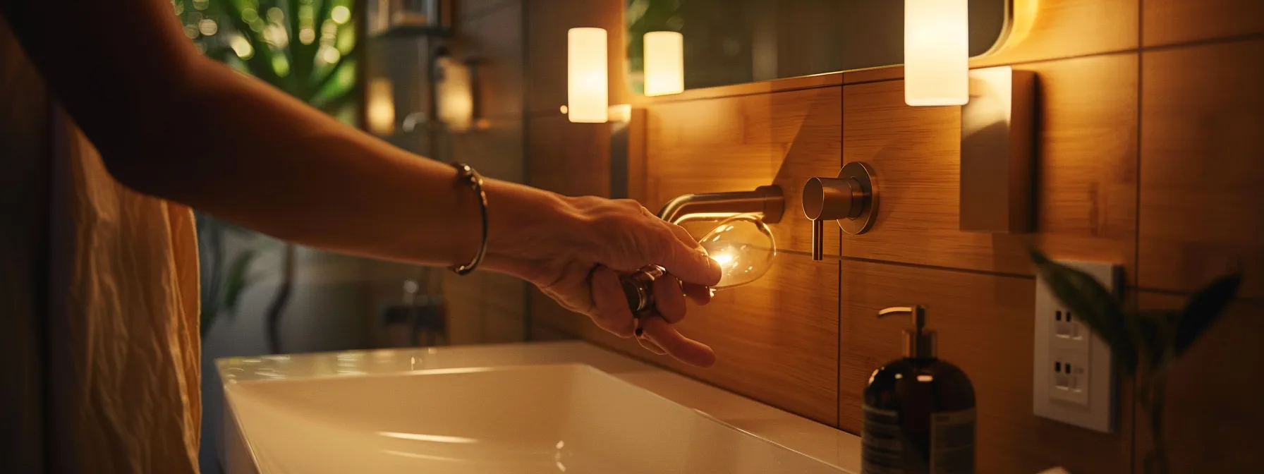 a well-lit, modern bathroom showcases a person carefully replacing an energy-efficient light bulb in a sleek sconce fixture, emphasizing the importance of safe handling and proper maintenance in a clutter-free and organized space.