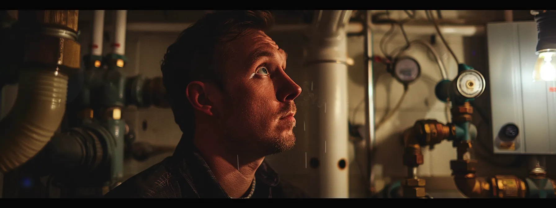 a concerned homeowner inspects a wall-mounted utility panel in a dimly lit basement, listening intently as unusual hissing and gurgling noises echo from the plumbing, surrounded by exposed pipes and mechanical fixtures.
