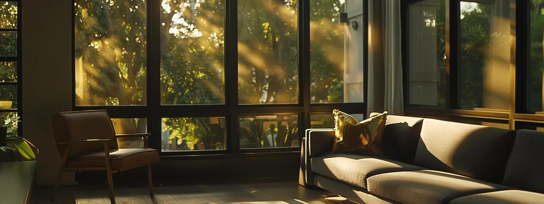 a modern houston living room showcases sleek energy-efficient windows bathed in warm, ambient lighting, featuring eco-friendly ceramic tile flooring and contemporary cabinetry that exemplify stylish home upgrades tailored to enhance both comfort and energy efficiency.