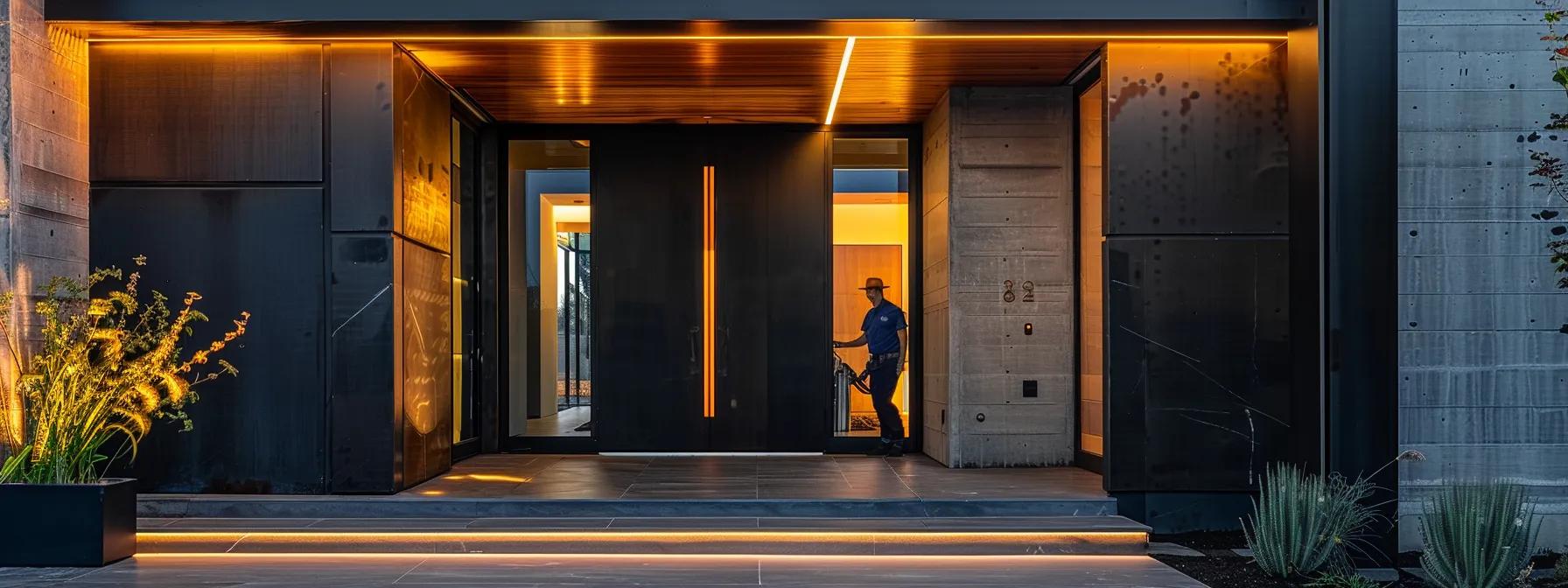 a sleek, modern home entrance showcases a technician expertly installing a high-security door with upgraded hardware, highlighting the blend of aesthetic appeal and functional reliability in an urban residential setting.