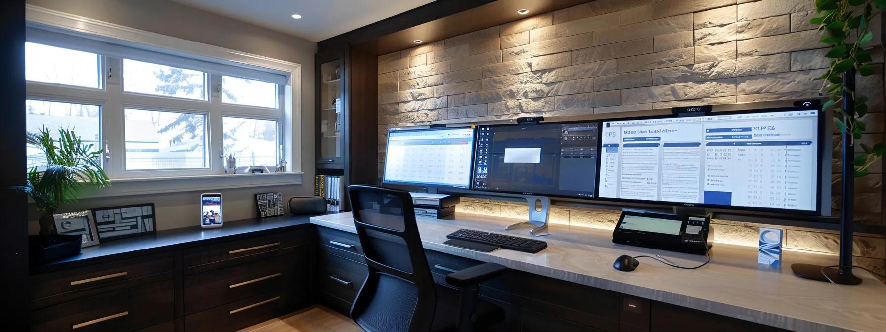 a sleek, modern home office featuring a well-organized desk with digital devices open to a home maintenance management platform, highlighting the efficiency and convenience of the house manager services against a backdrop of neatly hung blueprints and a digital calendar displaying scheduled maintenance tasks.