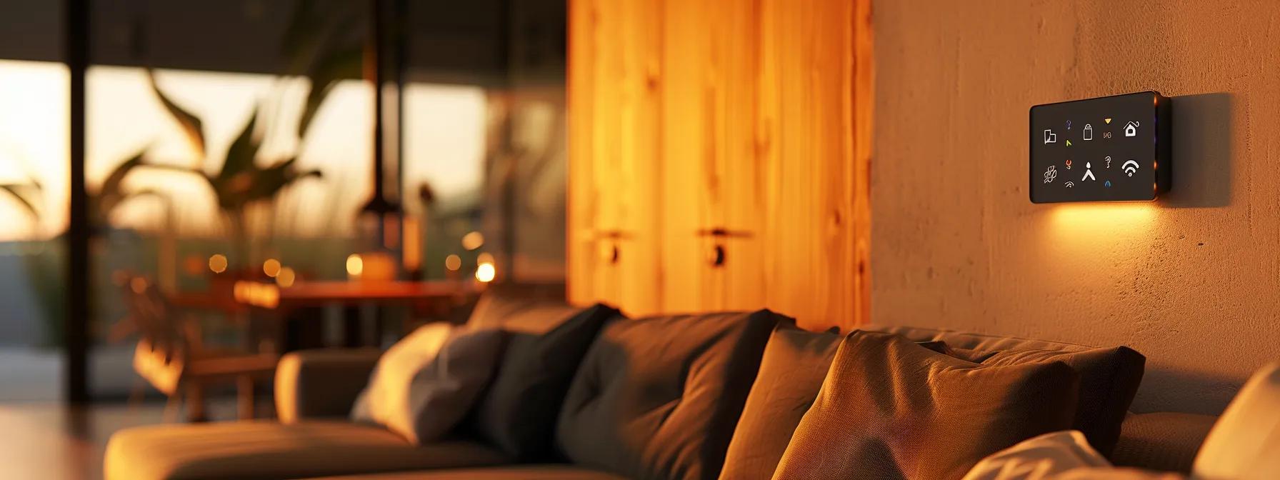 a sleek, modern living room equipped with a visible smart home control panel, highlighting automated lighting, temperature adjustments, and security monitoring, all bathed in a warm, inviting glow to convey the convenience and sophistication of home automation solutions.