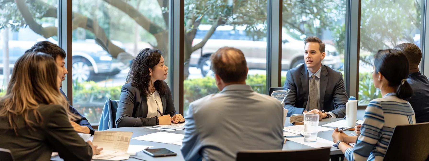 a well-lit, modern office space showcases a sleek conference room scene where professionals evaluate blueprints and photographs of a recently renovated houston property, emphasizing strategic enhancements for optimal market appeal and tenant satisfaction.