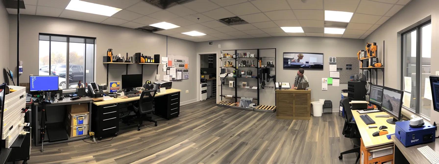 a modern houston office space showcases a professional handyman team engaged in a detailed consultation with a homeowner, surrounded by tools and digital devices, emphasizing an efficient, customer-focused service process.