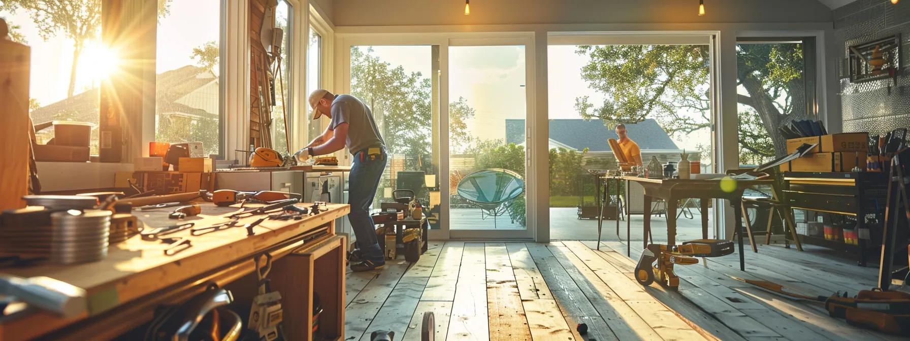 a professional handyman team is engaged in meticulous home repair work in a modern houston residence, showcasing quality craftsmanship with tools and materials neatly organized around them, and a clear emphasis on punctuality and expertise in the bustling urban environment.