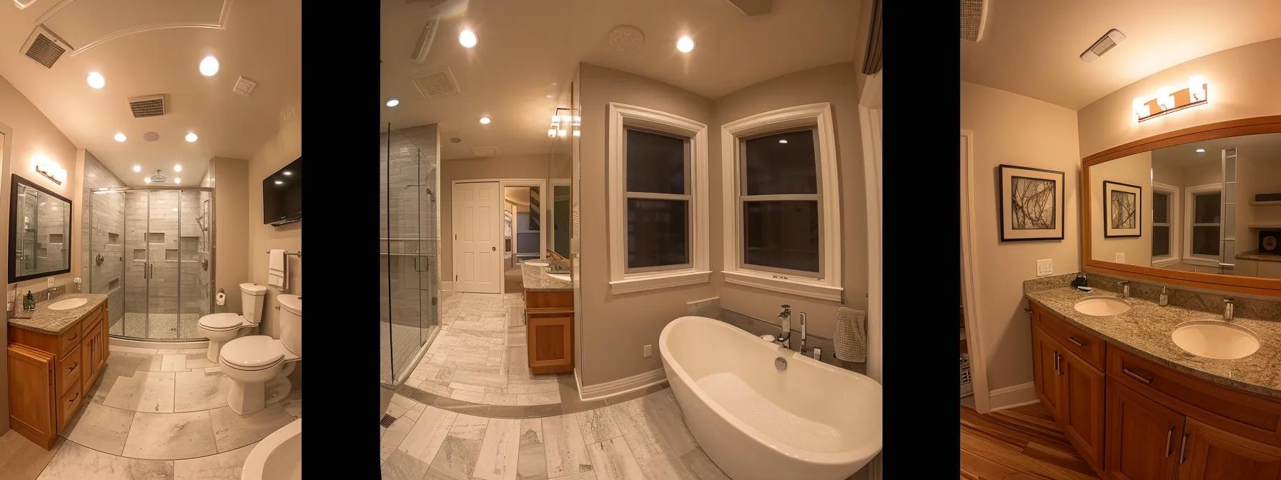 a sleek, modern bathroom showcases water-saving fixtures, ambient led lighting, and a spacious layout, emphasizing both comfort and eco-friendly design, ideal for boosting property value in a contemporary urban setting.