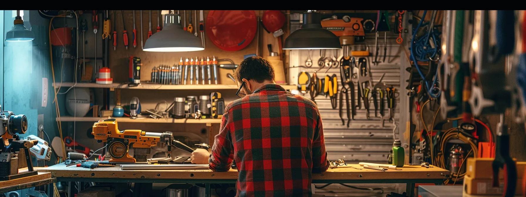 a well-lit urban workspace showcases a skilled handyman expertly assembling high-quality materials, surrounded by professional tools, emphasizing the precision and efficiency of expert home repair services.