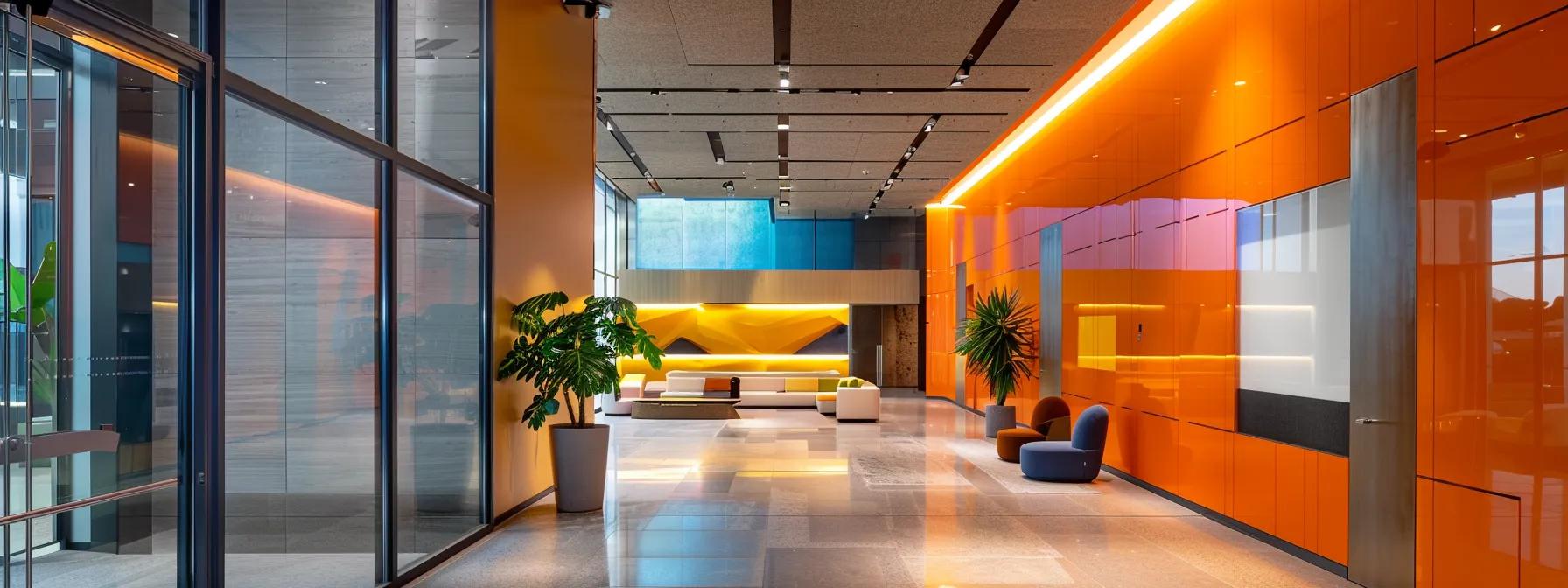 a modern office space showcases walls adorned with vibrant, customized textured finishes and high-tech smart paints, highlighting the latest trends in innovative wall finishing services.