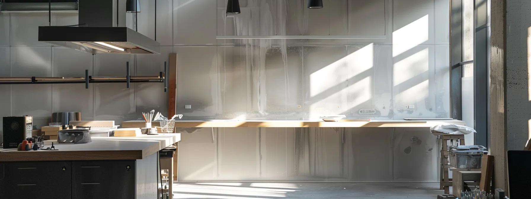 a modern office workshop showcases the meticulous wall finishing process, featuring a skilled contractor preparing surfaces with precision tools, surrounded by well-organized materials, under bright, focused lighting for an optimal finishing environment.