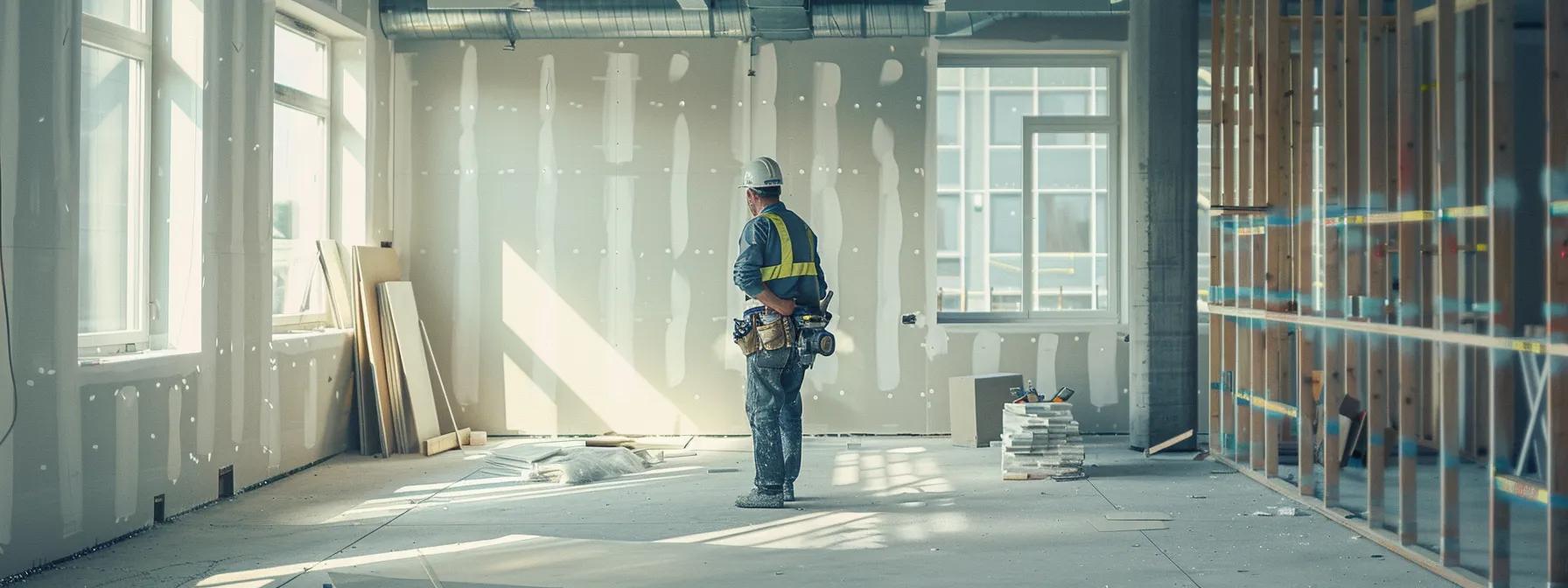 a well-equipped construction site features a contractor meticulously inspecting seamless drywall panels under bright, focused work lights, showcasing the precision and professionalism essential for flawless installation.