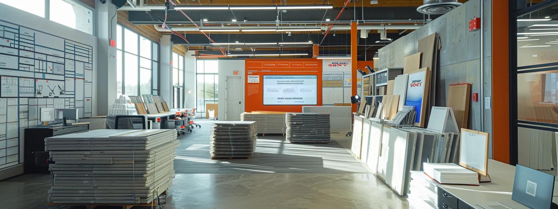 a modern office space is filled with stacks of drywall materials, measuring tools, and a large digital screen displaying detailed cost breakdowns for installation and repair projects, all under bright, focused lighting.