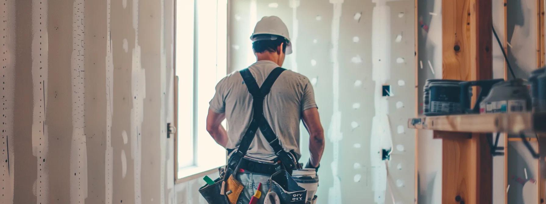 a focused interior scene showcases a skilled professional meticulously applying a smooth coat of drywall mud to a large, freshly installed drywall panel, surrounded by well-organized tools and bright work lights illuminating the meticulous details of the process.