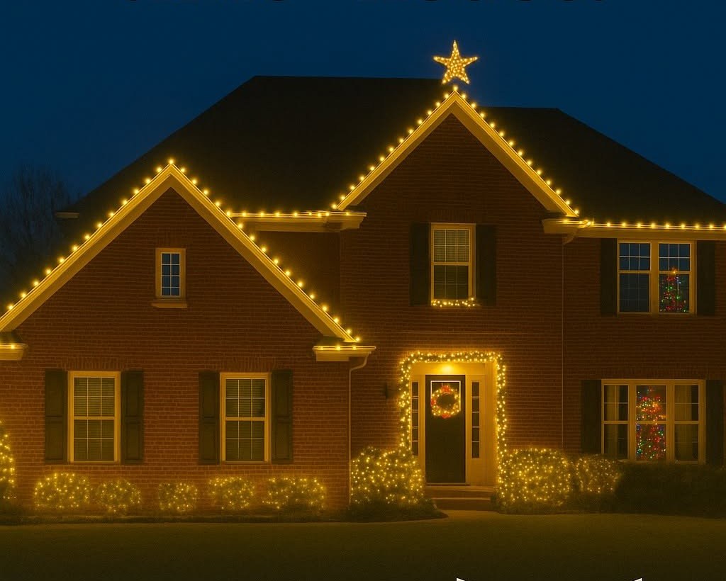 Christmas light installation Houston home with lit garland and wreath